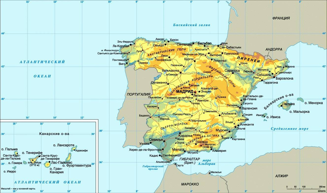 Физическая карта Испании